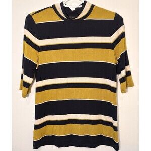 Ann Taylor Striped Knit Top Small Mustard Yellow Black Short Sleeve Stretch Mock